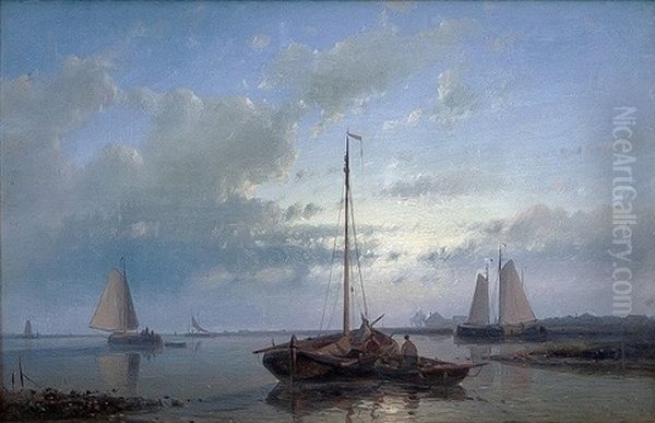 Fishing Boats At Sunset (a Pair) Oil Painting by Abraham Hulk the Elder