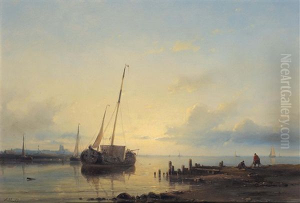 Evening On A River Estuary Oil Painting by Abraham Hulk the Elder