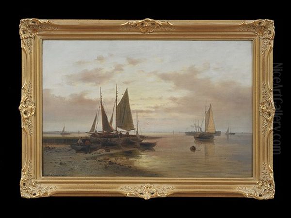 Fishermen On The Beach At Sunset Oil Painting by Abraham Hulk the Elder