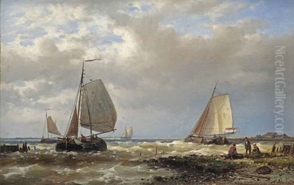 Shipping In A Stiff Breeze Off The Dutch Coast Oil Painting by Abraham Hulk the Elder