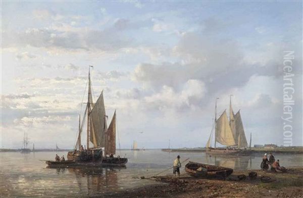 Sailing Vessels In A Tranquil Dutch Estuary Oil Painting by Abraham Hulk the Elder