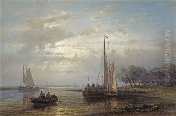 Fishing Vessels On A River At Dusk Oil Painting by Abraham Hulk the Elder