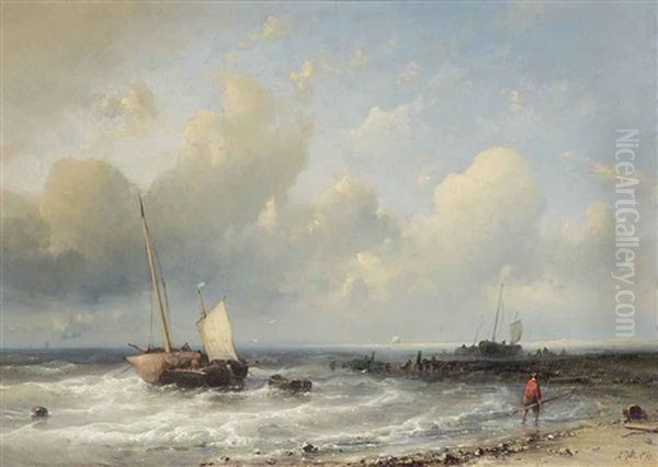 Bomschuiten In The Surf Oil Painting by Abraham Hulk the Elder