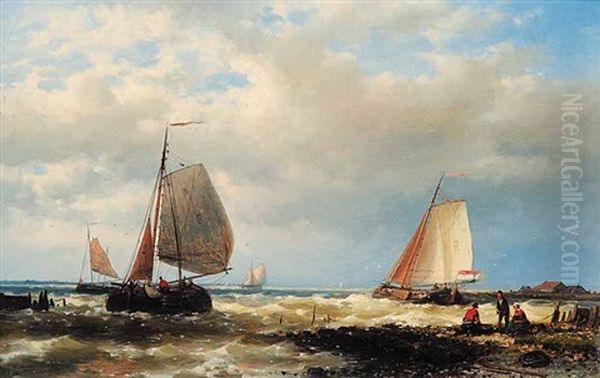 Untitled - Boats Off The Shore Oil Painting by Abraham Hulk the Elder