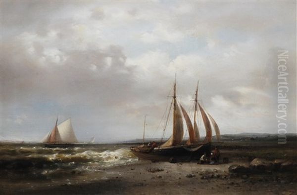 Coastal Scene With Fisherfolk Tending Their Boat On The Shore Oil Painting by Abraham Hulk the Elder