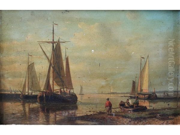 Figures And Boats By An Estuary Oil Painting by Abraham Hulk the Elder