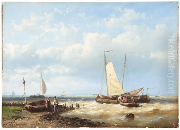 Figures On A Shore With Sailboats Oil Painting by Abraham Hulk the Elder