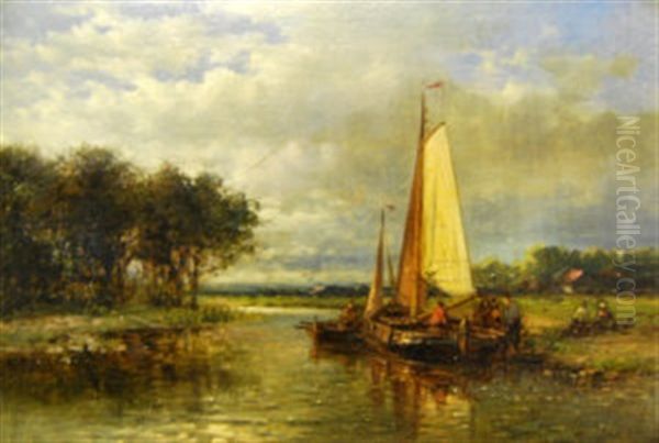 Figures On A Barge, In A Tranquil River Scene Oil Painting by Abraham Hulk the Elder