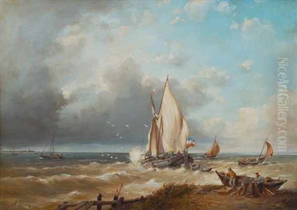 Dutch Fisherboats In The Surf Oil Painting by Abraham Hulk the Elder