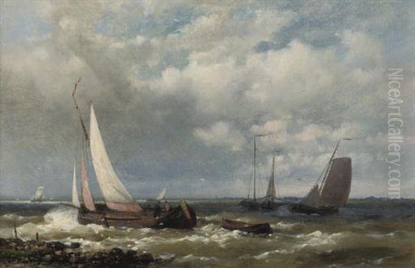 Sailing-vessels On A River Estuary (+ A Calm Harbour In Late Afternoon; Pair) Oil Painting by Abraham Hulk the Elder