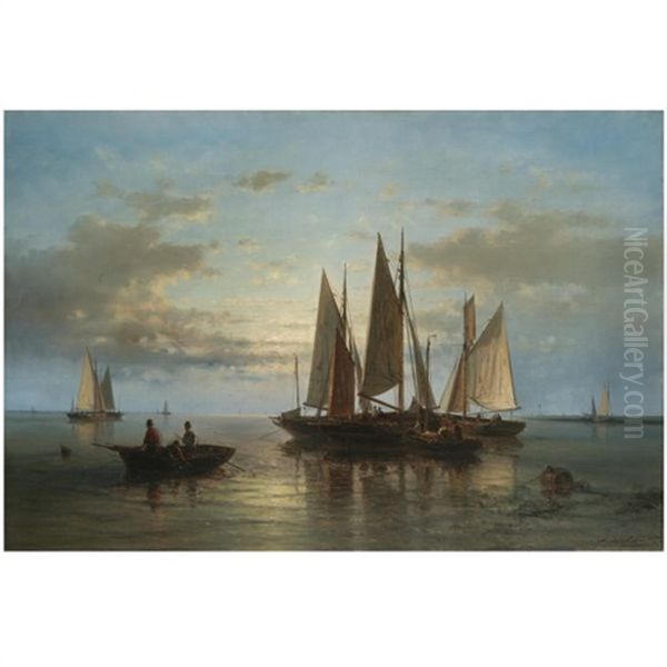 Boats Clustered By The Shore Oil Painting by Abraham Hulk the Elder