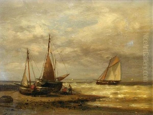 Sailing Ship On A Beach Oil Painting by Abraham Hulk the Elder