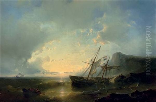 A Shipwreck At Sunset Oil Painting by Abraham Hulk the Elder