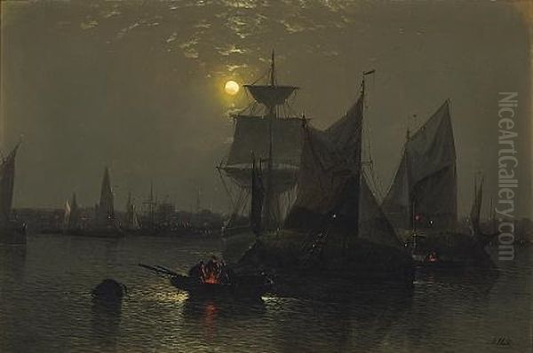 Sailing Vessels In A Moonlit Harbor With Fishermen And Their Boats In The Foreground Oil Painting by Abraham Hulk the Elder