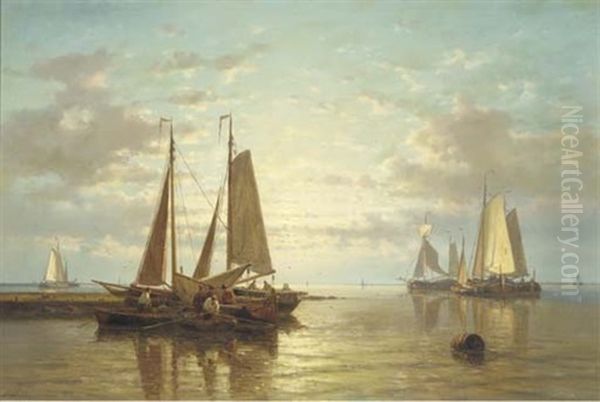 A Calm: Sailing Vessels In An Estuary At Dusk Oil Painting by Abraham Hulk the Elder