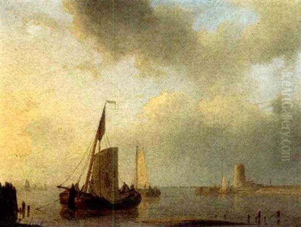 Barges Moored At Dusk (+ Barges In A Stiff Breeze; Pair) Oil Painting by Abraham Hulk the Elder