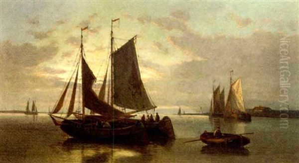 Barges On The Scheldt At Dusk Oil Painting by Abraham Hulk the Elder