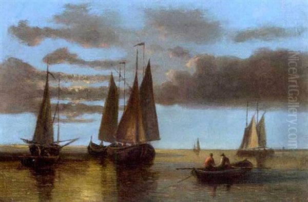 Fishing Boats On The Scheldt (+ Barges In A Stiff Breeze; Pair) Oil Painting by Abraham Hulk the Elder