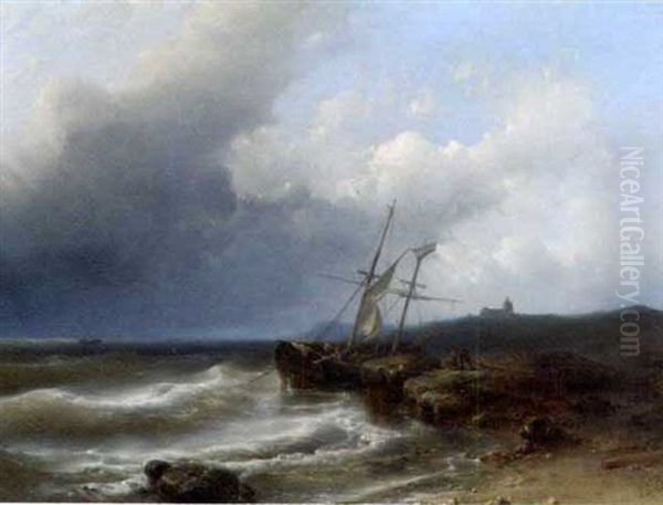 Moored Two-master Preparing For A Storm Oil Painting by Abraham Hulk the Elder