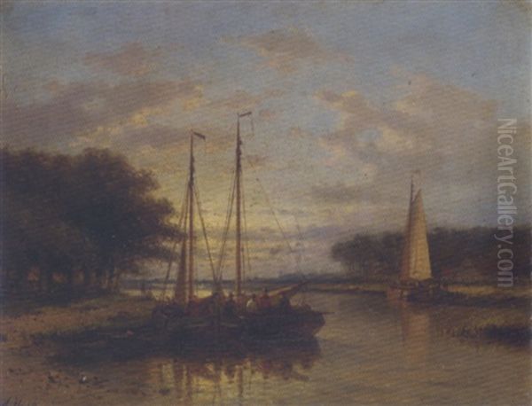 Sailing Vessels On A Calm River At Dusk Oil Painting by Abraham Hulk the Elder