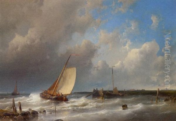 Vessels Off The Coast In A Stiff Breeze Oil Painting by Abraham Hulk the Elder