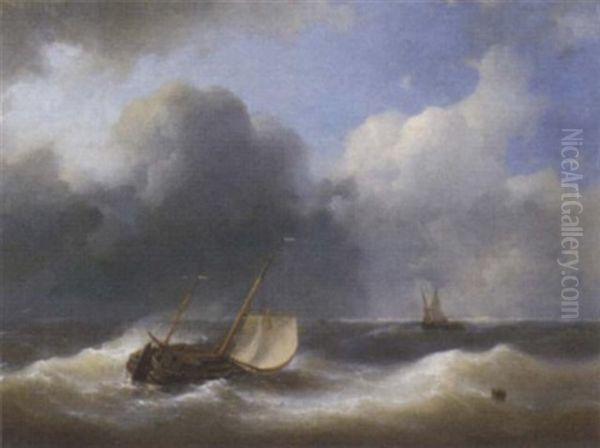 A Lugger In Heavy Seas Oil Painting by Abraham Hulk the Elder