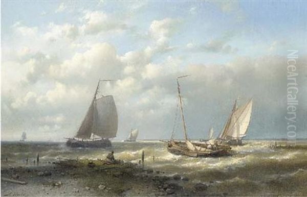 Dutch Barges In Choppy Seas Oil Painting by Abraham Hulk the Elder