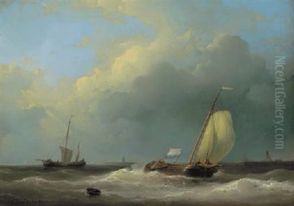 A Tjalk Lowering Sail On A Choppy Sea Oil Painting by Abraham Hulk the Elder