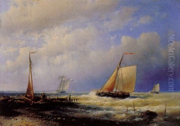 Dutch Boats Off A Breakwater With A Beached Fishing Boat Oil Painting by Abraham Hulk the Elder