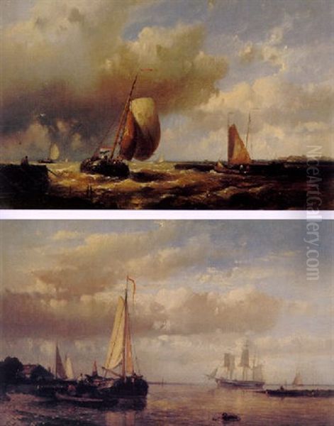 Fishing Boats Off A Jetty In A Choppy Sea Oil Painting by Abraham Hulk the Elder