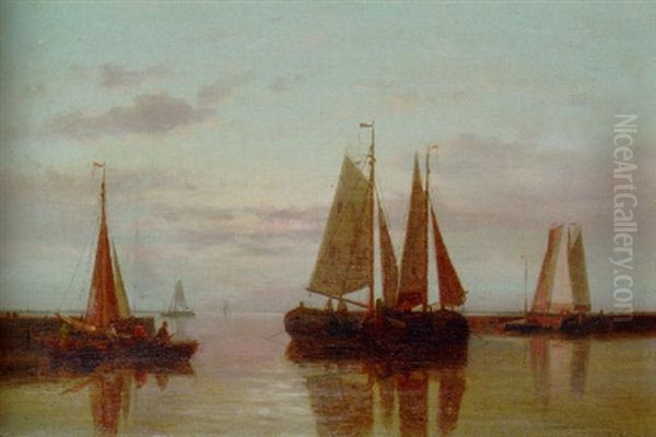 Fishing Boats Drying Their Sails At Dusk Oil Painting by Abraham Hulk the Elder