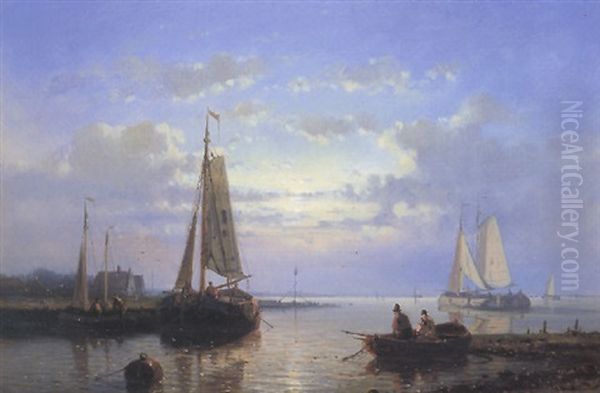 Fishing Boats On An Estuary In A Calm Oil Painting by Abraham Hulk the Elder