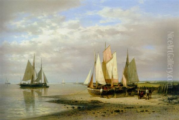 Shipping At Low Tide In A Calm Estuary Oil Painting by Abraham Hulk the Elder