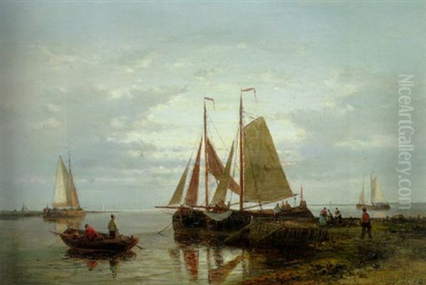 Moored Fishing Boats In A Calm With Fishing-folk On A Jetty Oil Painting by Abraham Hulk the Elder