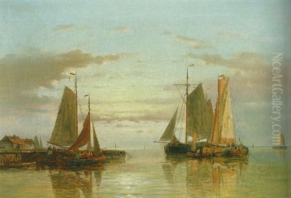 An Estuary At Dawn With Sailing Vessels At Anchor Oil Painting by Abraham Hulk the Elder