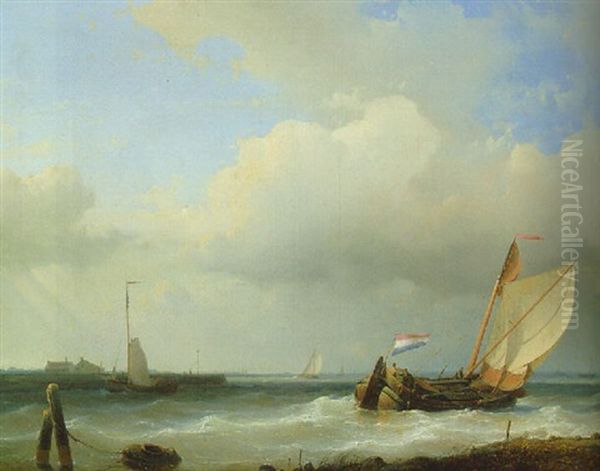 A Dutch Schouw Tacking Off On A River Estuary In A Breeze Oil Painting by Abraham Hulk the Elder