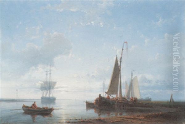 Fishing Vessels In A Calm Estuary At Dusk Oil Painting by Abraham Hulk the Elder