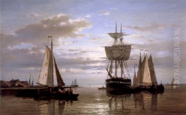 Vessels In A Calm At Sunset Oil Painting by Abraham Hulk the Elder