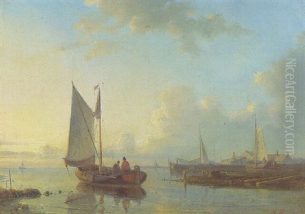 Dutch Sailing Vessels In A Calm Sea At Sunset Oil Painting by Abraham Hulk the Elder