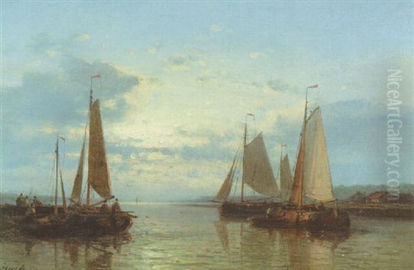 Sailing Vessels In A Calm Estuary Oil Painting by Abraham Hulk the Elder