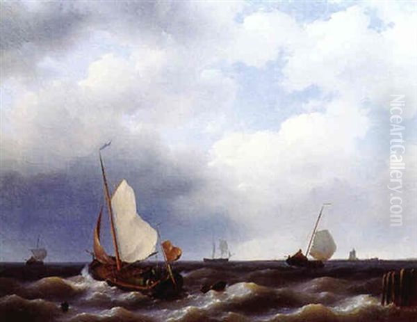 A Fishing-smack Tacking Off A Jetty, Other Shipping And A Lighthouse Beyond Oil Painting by Abraham Hulk the Elder