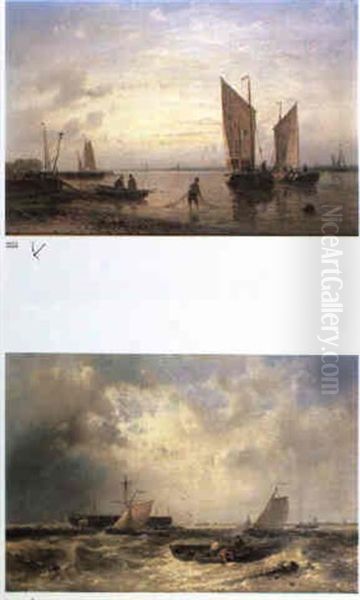 Fishing Boats In A Calm Estuary & Retrieving Wreckage (2 Works) Oil Painting by Abraham Hulk the Elder