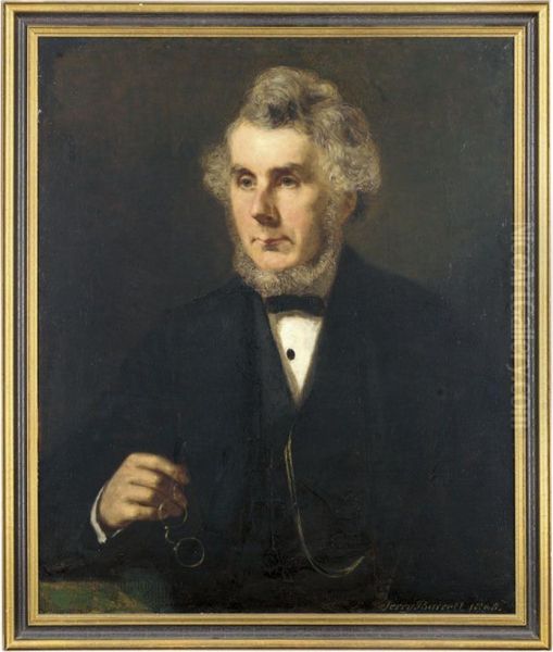 Portrait Of Mr. Dickinson, Half-length, In A Black Suit, Holding A Pair Of Spectacles Oil Painting by Jerry Barrett