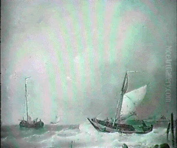 Fishing Boats Off A Harbour Oil Painting by Abraham Hulk the Elder