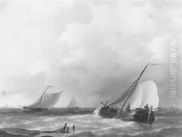 Dutch Barges In Choppy Waters Oil Painting by Abraham Hulk the Elder