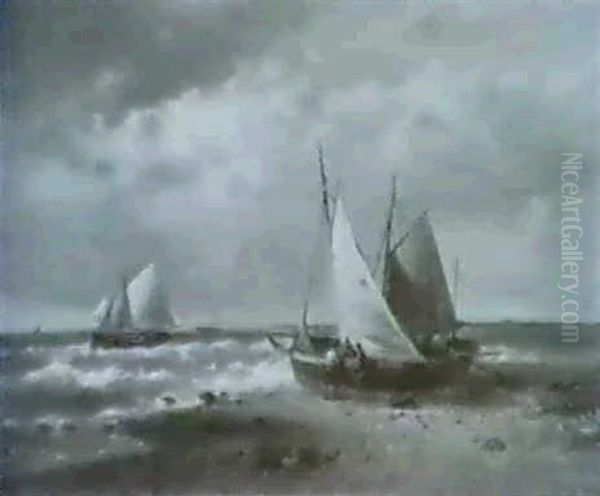 Marine.am Strand Zwei Trocken Aufgelegte Boote.auf Dem      Wasser Dampfer Und Kusten- Segler Oil Painting by Abraham Hulk the Elder