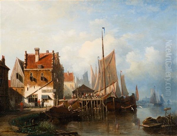 Activity At The Moored Boats In The City Harbour Oil Painting by Johannes Frederik Hulk the Elder