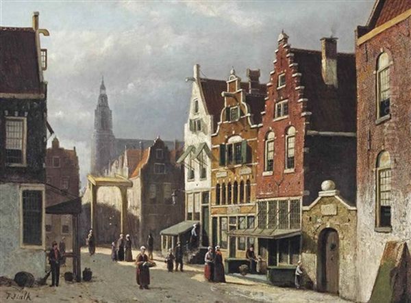 A Sunlit Street In A Dutch Town Oil Painting by Johannes Frederik Hulk the Elder