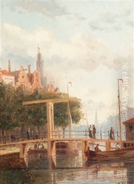 View Of Het Spaarne In Haarlem (+ View Of The Amsterdam Inner Harbor; 2 Works) Oil Painting by Johannes Frederik Hulk the Elder