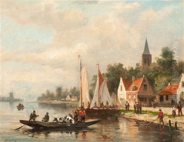 River Ferry On The River By A City Oil Painting by Johannes Frederik Hulk the Elder